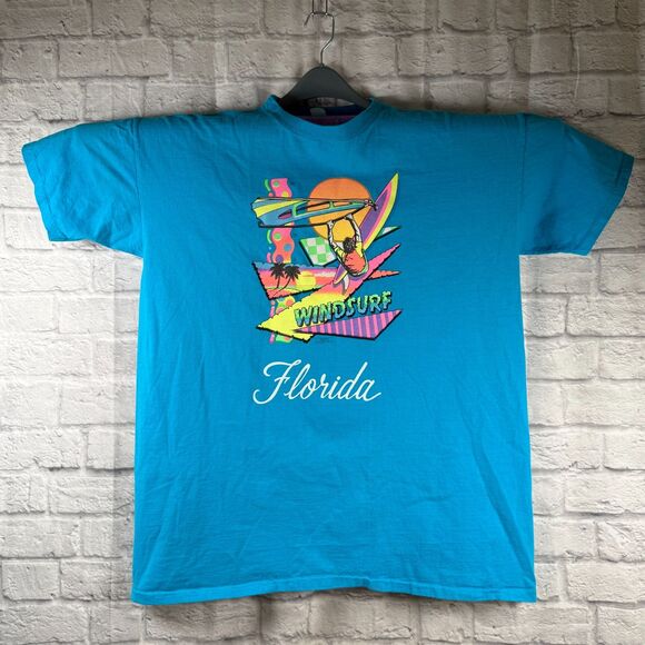 Vintage 1990 Florida Windsurf T-Shirt 3XL Neon Graphics Made USA Single Stitch - Picture 2 of 7